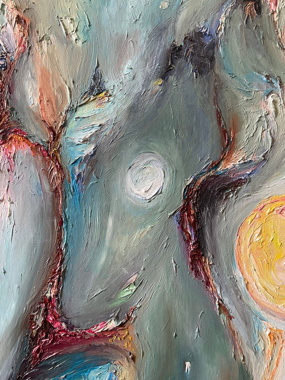 Abstract detail of Odyssey, featuring expressive oil textures and swirling brushwork in a celestial-inspired palette.