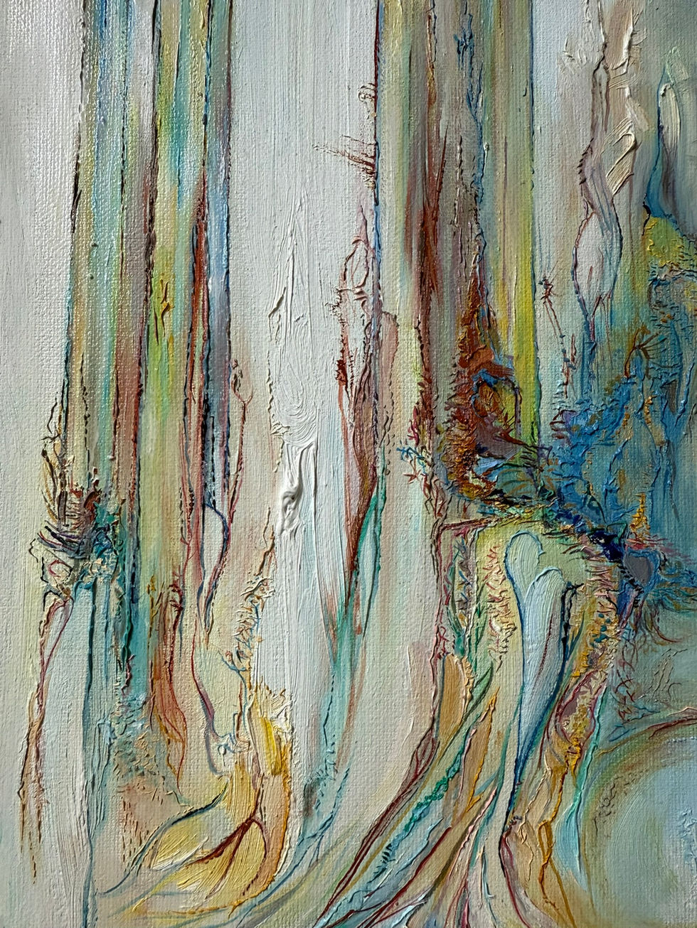 Detail of Sisyphus by Allie Sutherland, oil on canvas. Rich impasto textures and dynamic brushstrokes depict swirling energy in blues, golds, and reds. Close-up reveals architectural columns dissolving into abstraction and a dark orb symbolizing the mythic weight of Sisyphus’s eternal task.

