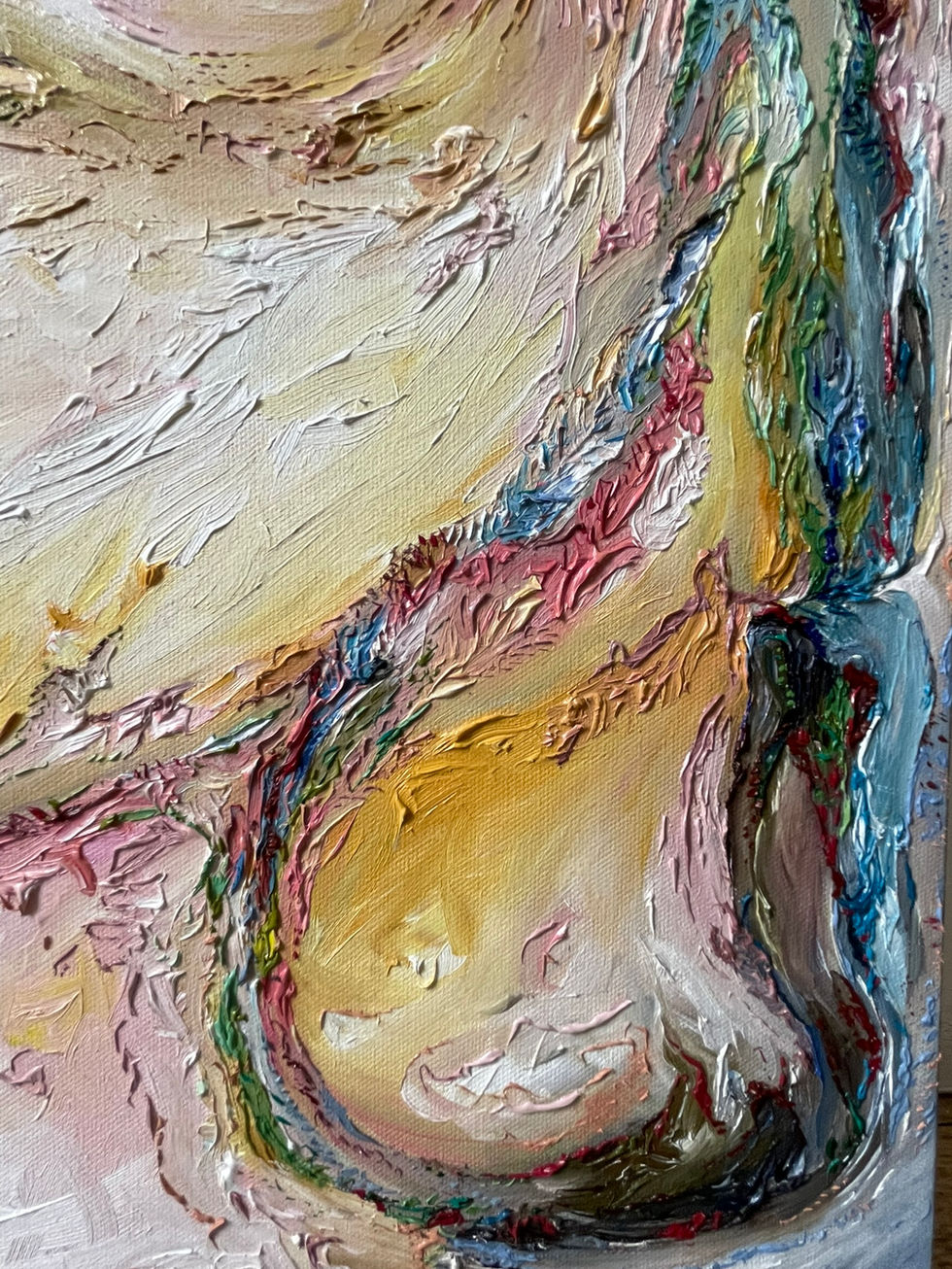 Floral detail from Persephone oil painting by Allie Sutherland, emphasizing botanical elements intertwined with the compositi