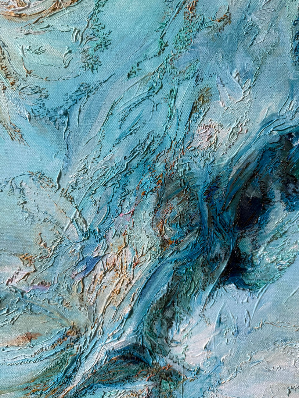 Detail of Cyane by Allie Sutherland, oil on canvas. Thickly layered impasto in blue and white tones captures the turbulence of water and emotional depth, with expressive brushstrokes that reference myth, femininity, and natural forces.