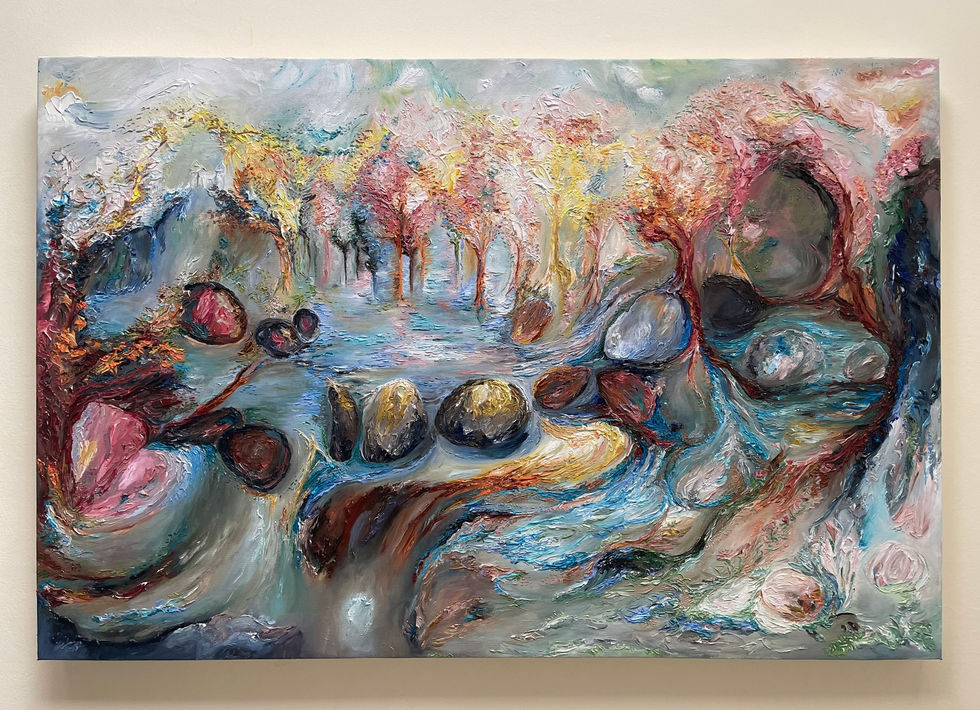  Styx by Allie Sutherland, a textured oil painting on canvas featuring a surreal landscape of flowing water, vibrant autumn t