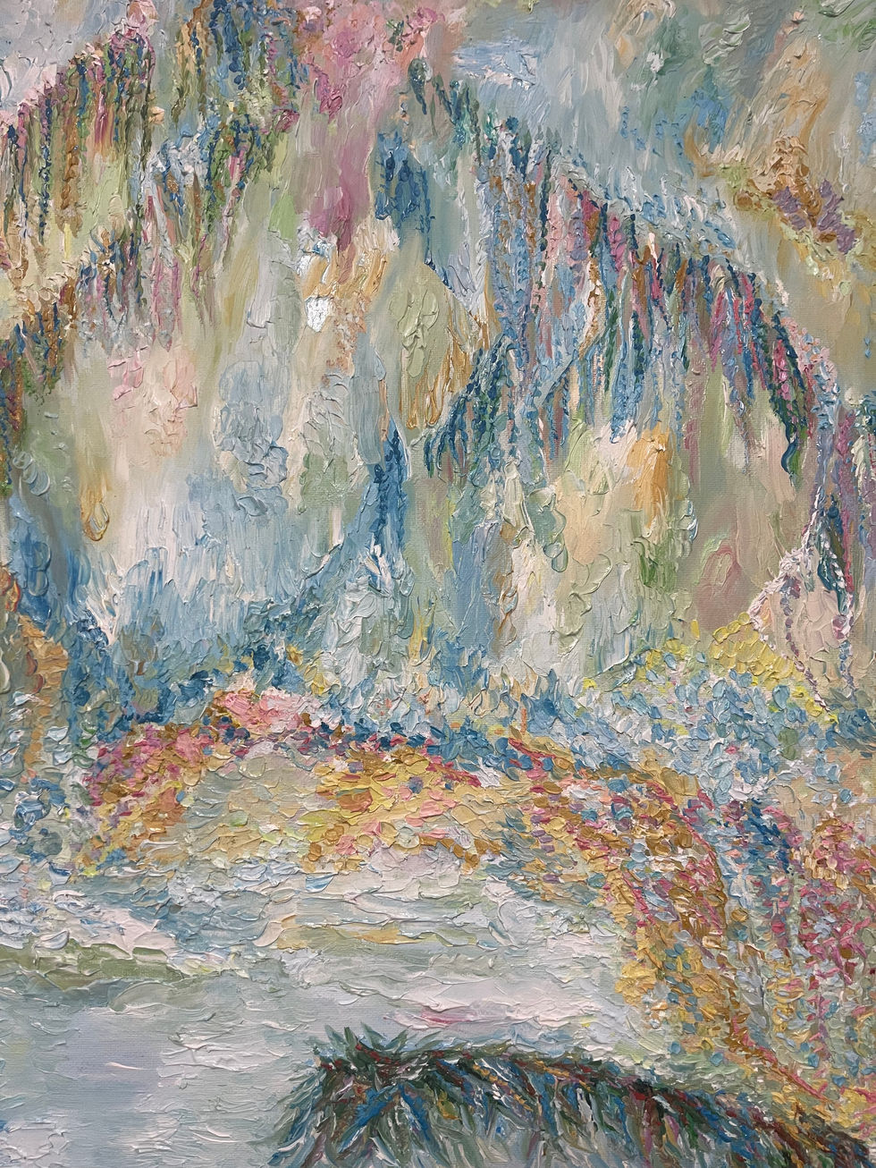 Detail of Genevieve by Allie Sutherland, focusing on the impressionistic textures of flowering foliage and hanging 