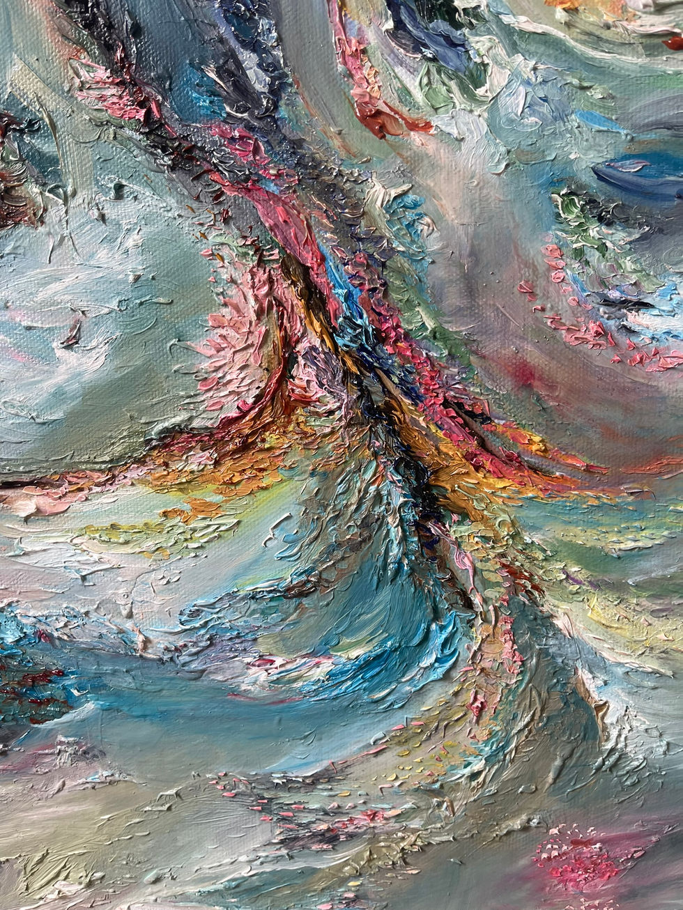 Detail of rich impasto texture in Odyssey, an oil painting by Allie Sutherland, showcasing bold color contrasts.