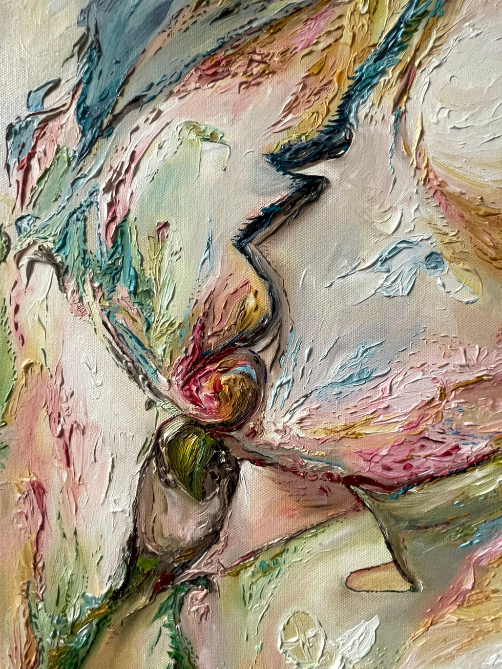 Detail of Persephone oil painting by Allie Sutherland, highlighting a delicate floral bud emerging from thick textured oil 