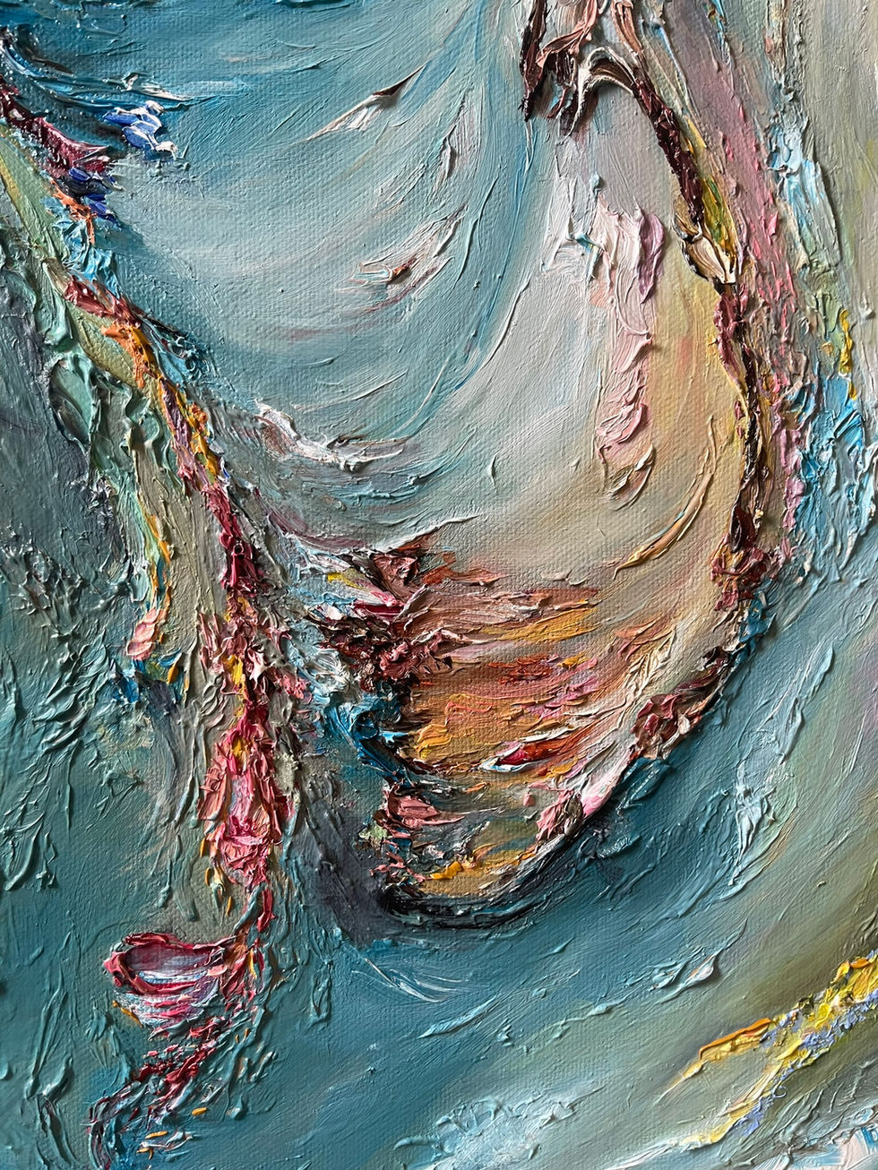 Textured detail from Odyssey, highlighting swirling forms and layered brushstrokes in oil on canvas by Allie Sutherland.