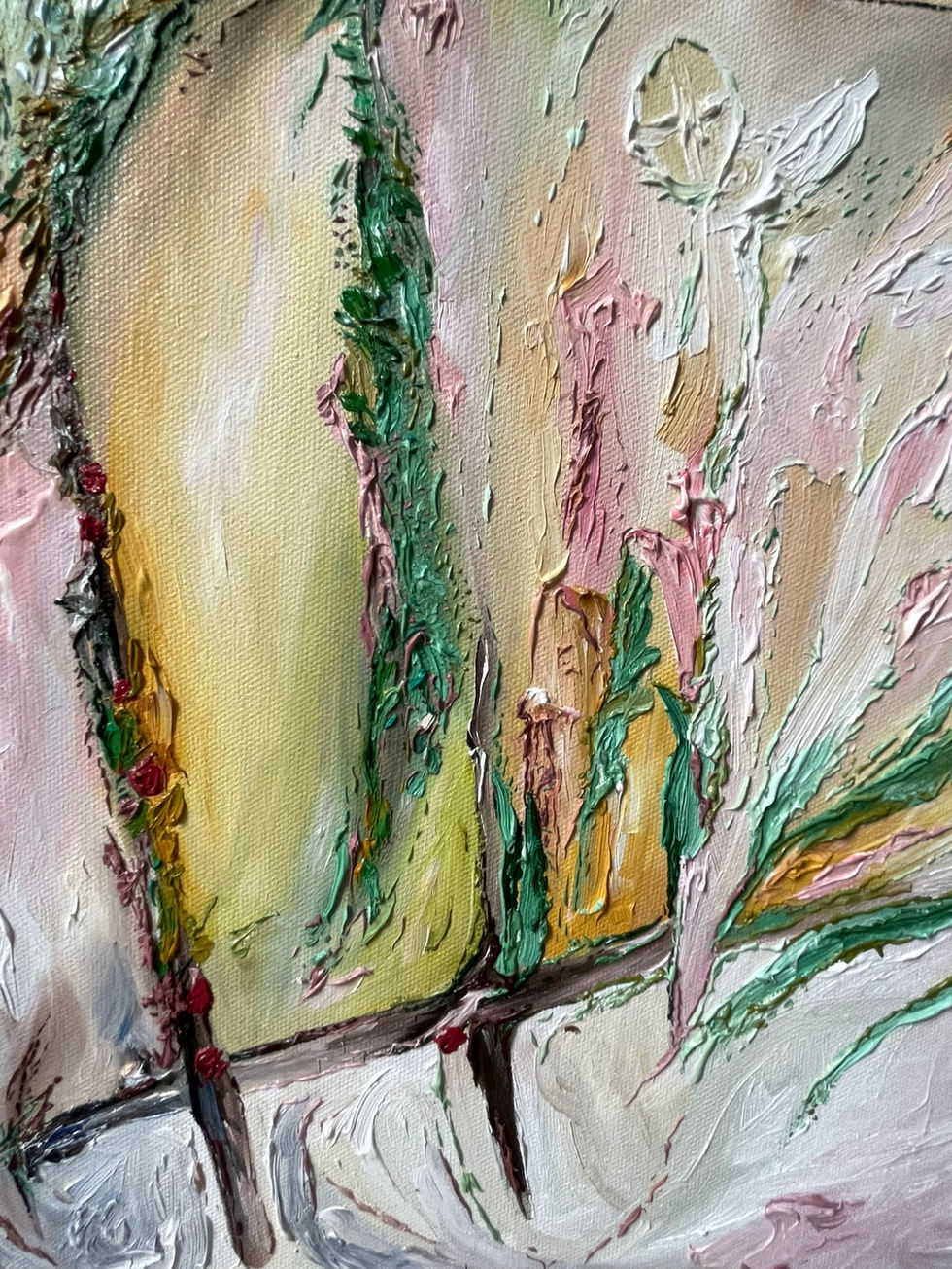 Textured detail from Persephone oil painting by Allie Sutherland, featuring a classical column surrounded by dynamic swirling