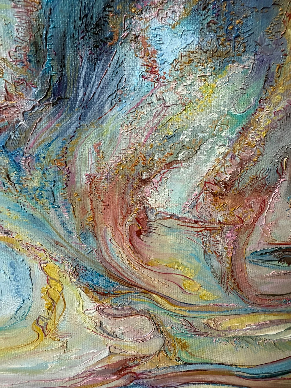 Detail of Sisyphus by Allie Sutherland, oil on canvas. Rich impasto textures and dynamic brushstrokes depict swirling energy in blues, golds, and reds. Close-up reveals architectural columns dissolving into abstraction and a dark orb symbolizing the mythic weight of Sisyphus’s eternal task.

