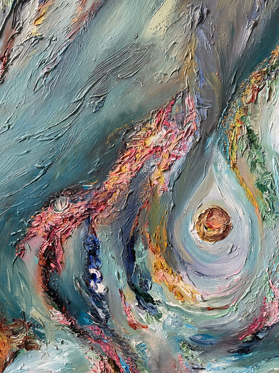 Abstract detail of Odyssey, featuring expressive oil textures and swirling brushwork in a celestial-inspired palette.