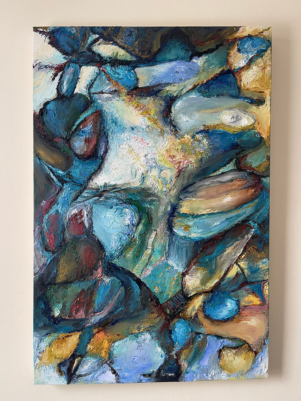 Abstract oil painting Hades by Allie Sutherland, featuring deep blues, golds, and earthy tones. This textured impasto piece e
