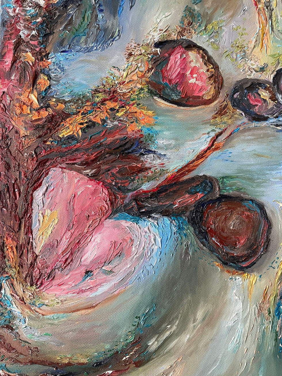 Detail of Styx by Allie Sutherland highlighting impasto textures and rich color blending in pink and red rock formations al