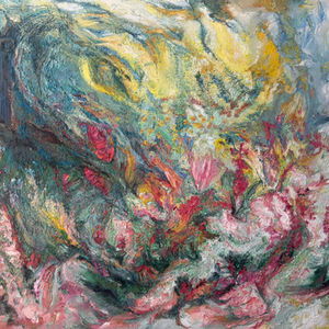 Allie Sutherland oil painting titled Demeter, featuring vibrant sculptural textures in red, green, and yellow with a swirling celestial composition.