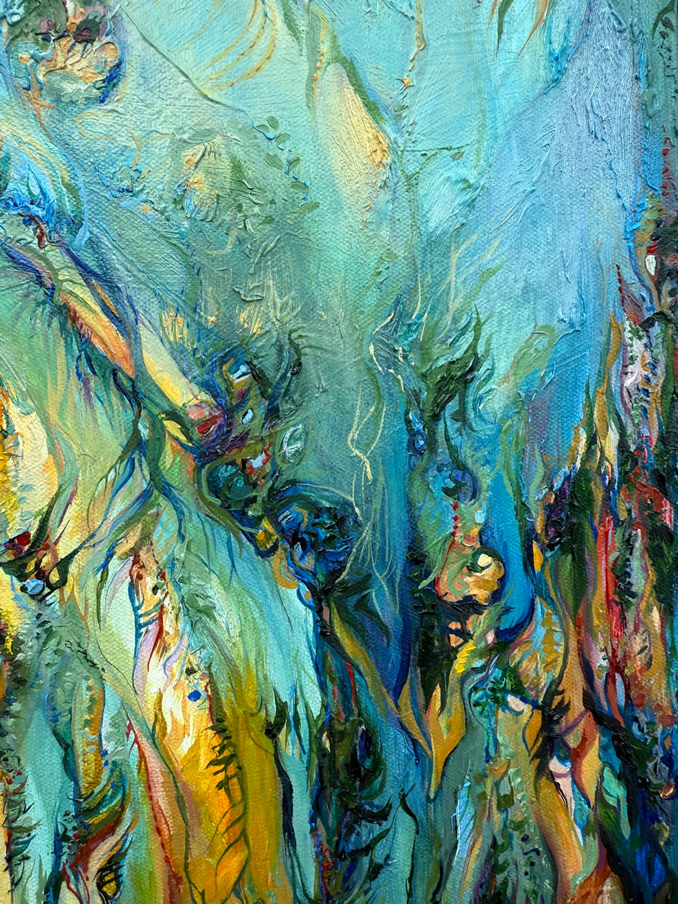 Asphodel Second Vibration by Allie Sutherland large scale oil on canvas painting detail