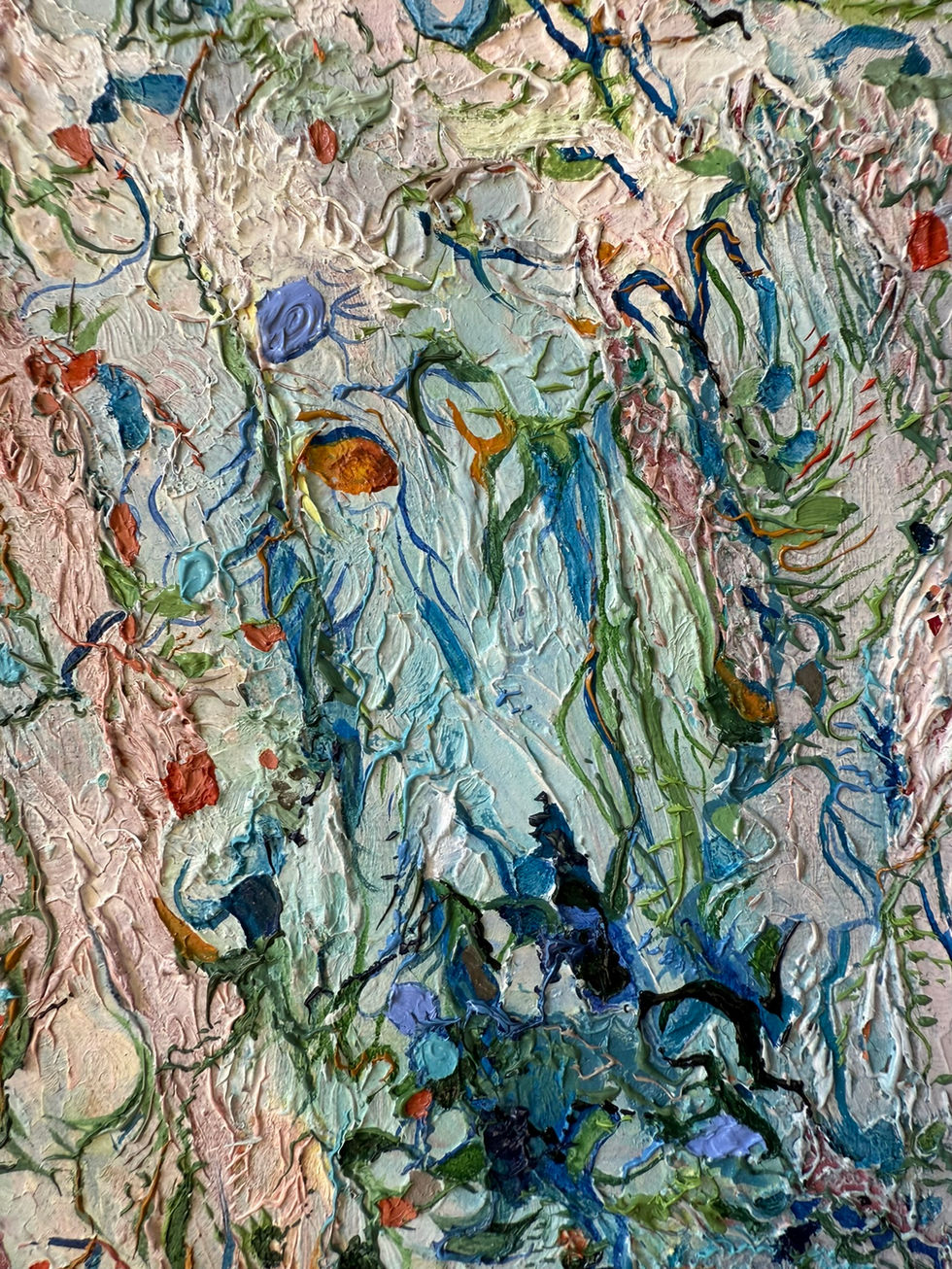 Gnosis by Allie Sutherland featuring cool blue and green tones with accents of orange and red, highlighting the flowing, abstract composition with heavy texture.