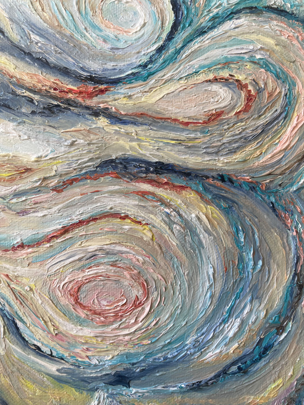 Detail of Maelstrom by Allie Sutherland capturing the vortex in the sky with bold, swirling brushstrokes in soft pastels and 
