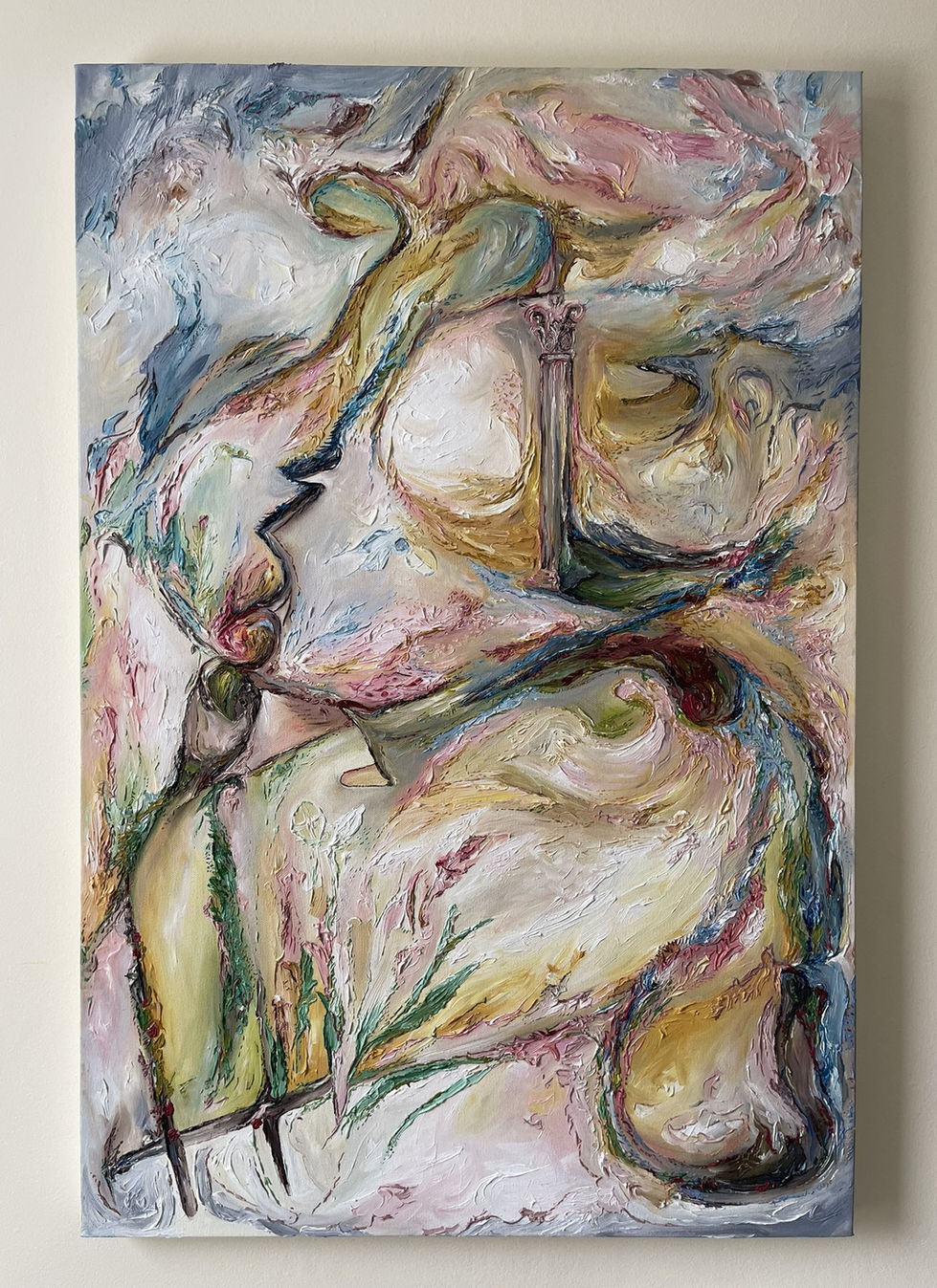 Persephone oil painting by Allie Sutherland, a mythological oil painting with textured brushstrokes, featuring swirling organ
