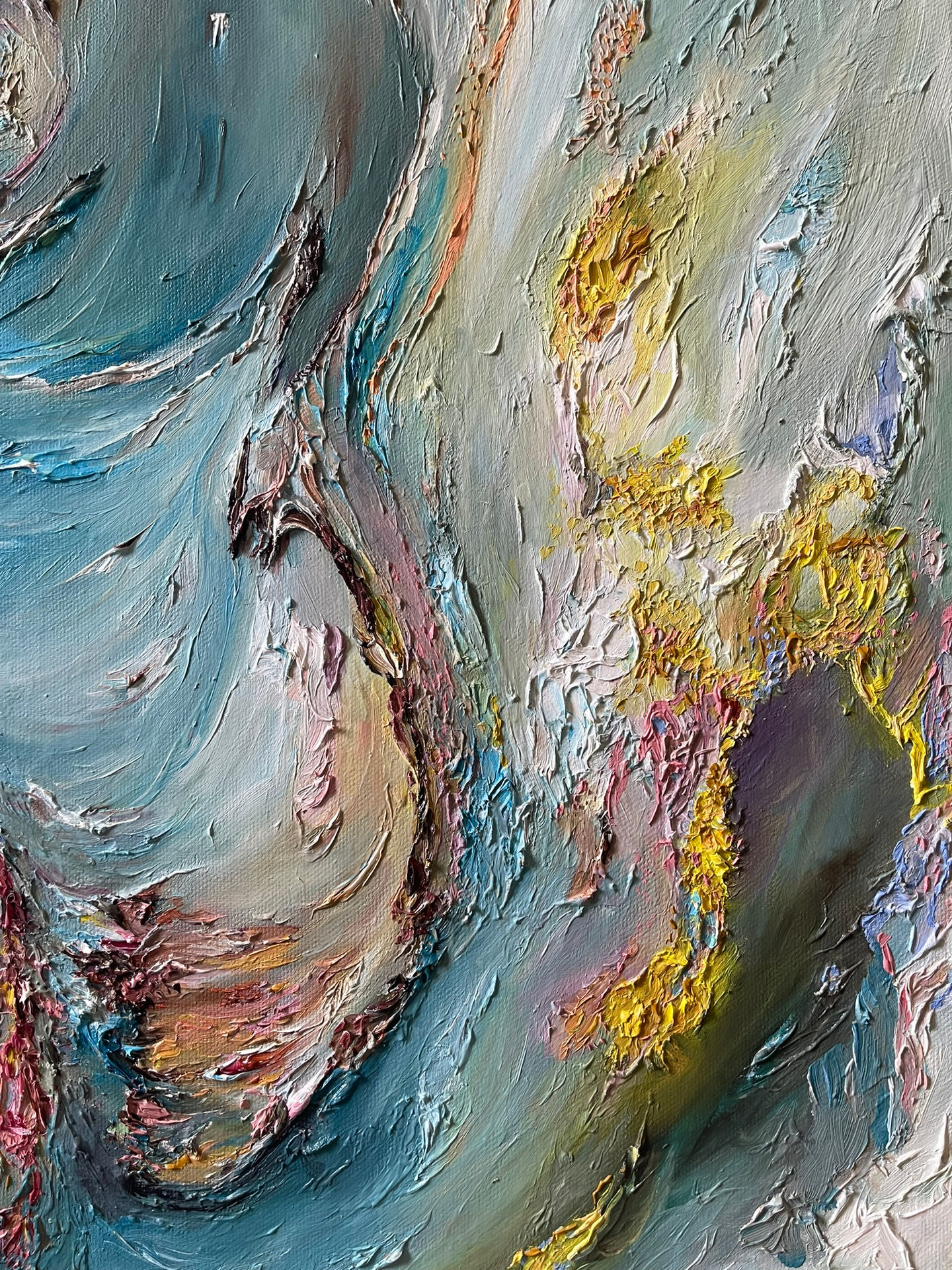 Layered movement in Odyssey by Allie Sutherland, an abstract oil painting with fluid, organic textures in cool and warm tones