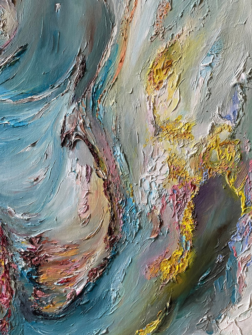 Layered movement in Odyssey by Allie Sutherland, an abstract oil painting with fluid, organic textures in cool and warm tones