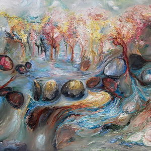  Styx by Allie Sutherland, a textured oil painting on canvas featuring a surreal landscape of flowing water, vibrant autumn t