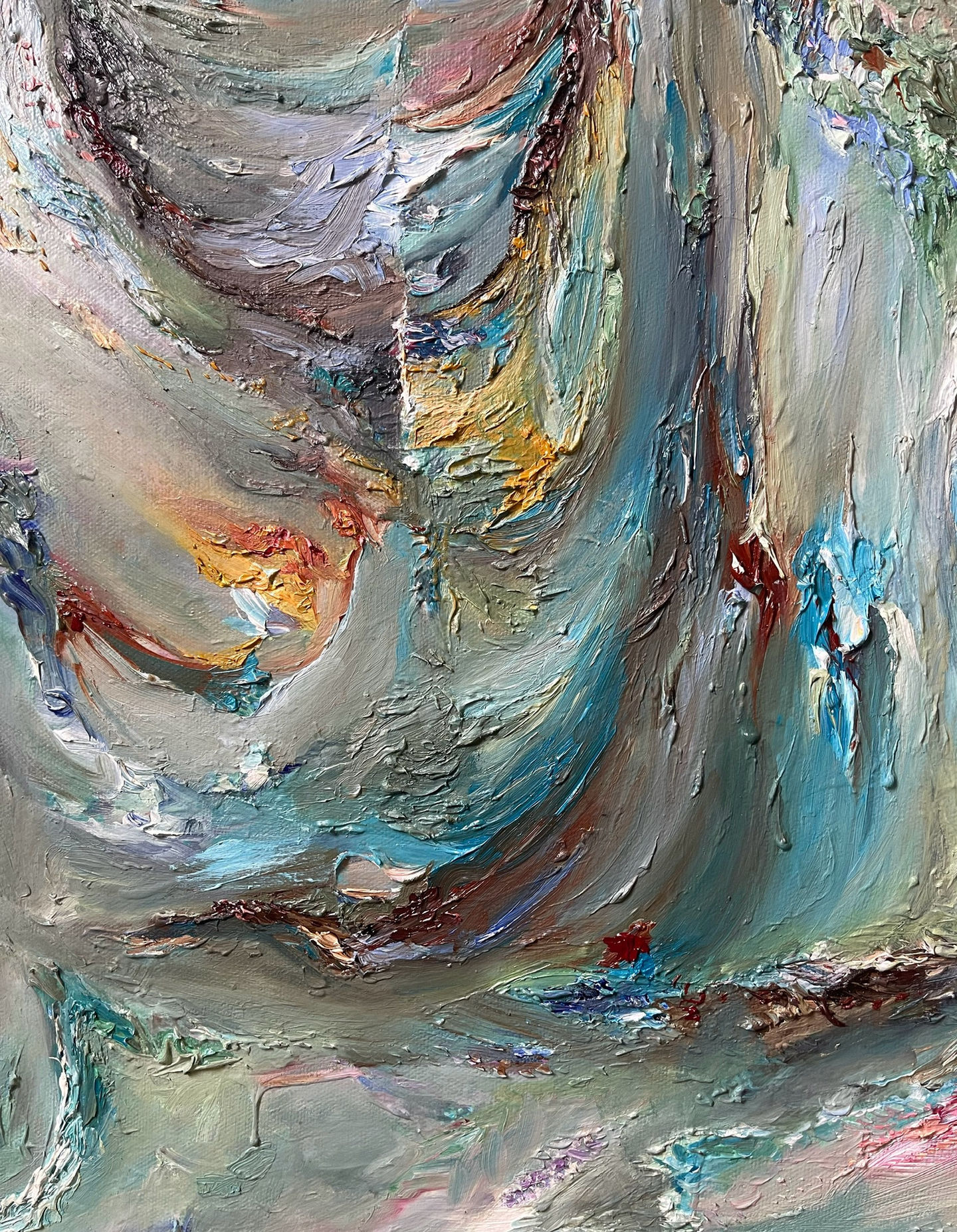 Vivid detail of Odyssey, an oil painting by Allie Sutherland, emphasizing deep blues, flowing movement, and intricate color 