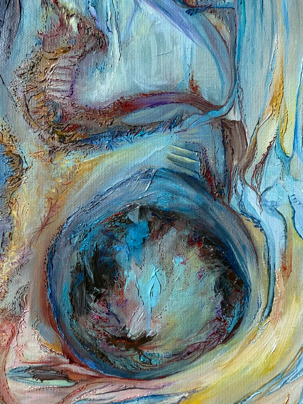 Detail of Sisyphus by Allie Sutherland, oil on canvas. Rich impasto textures and dynamic brushstrokes depict swirling energy in blues, golds, and reds. Close-up reveals architectural columns dissolving into abstraction and a dark orb symbolizing the mythic weight of Sisyphus’s eternal task.


