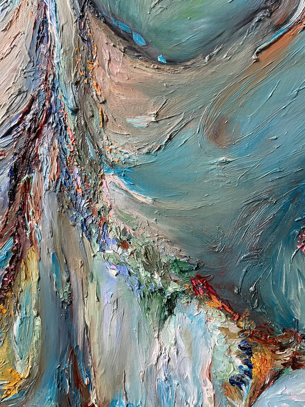 Textured detail from Odyssey, highlighting swirling forms and layered brushstrokes in oil on canvas by Allie Sutherland