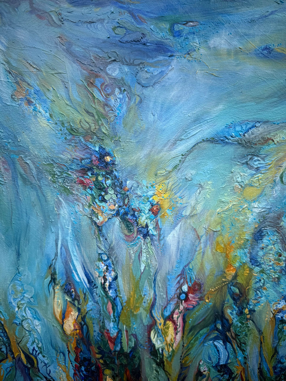 Asphodel Second Vibration by Allie Sutherland large scale oil on canvas painting detail