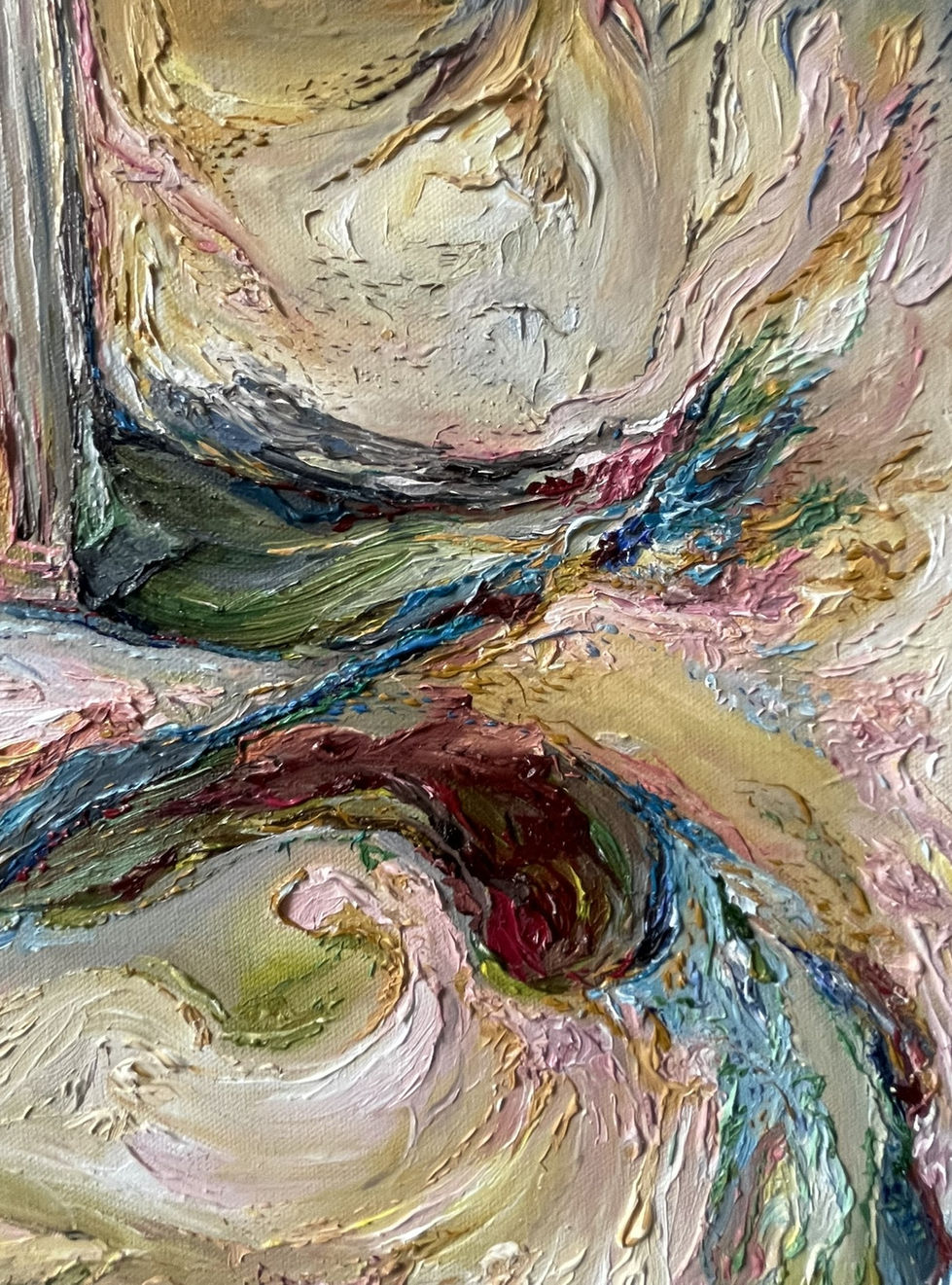Detail from Persephone oil painting by Allie Sutherland, showcasing intricate swirling patterns and a classical column rising