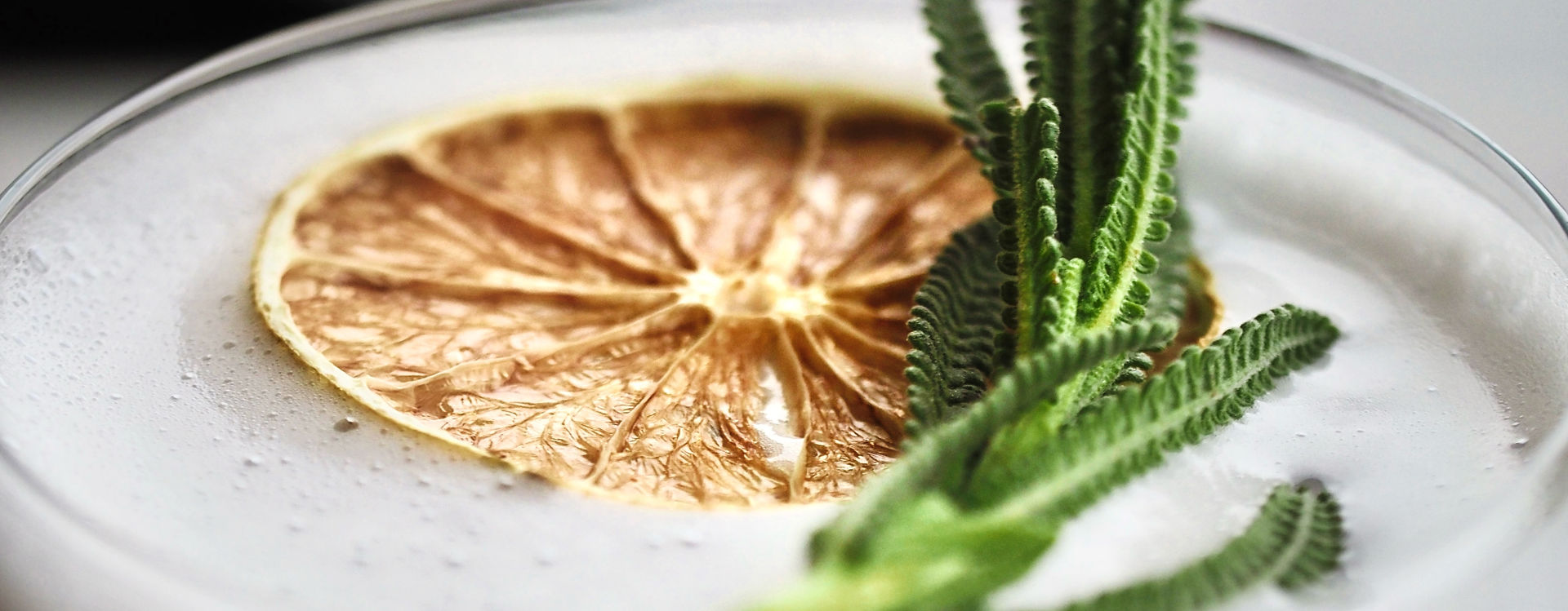 Cocktail with dried citrus and rosemary.