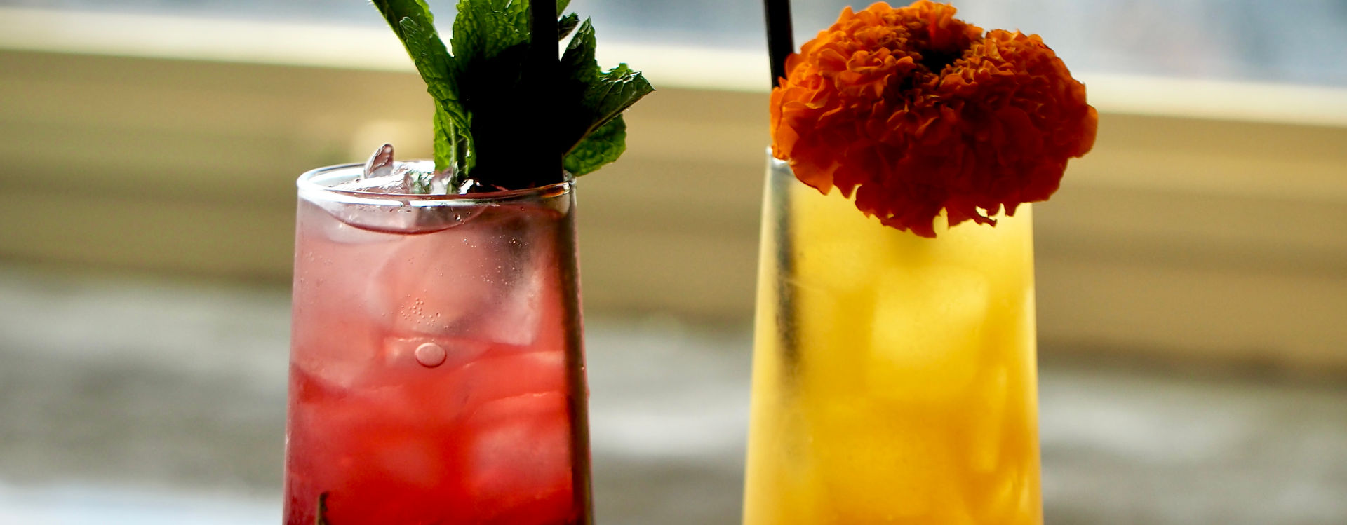 Image of two cocktails with city views in the background.