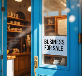 Storefront with open door and sign saying business for sale