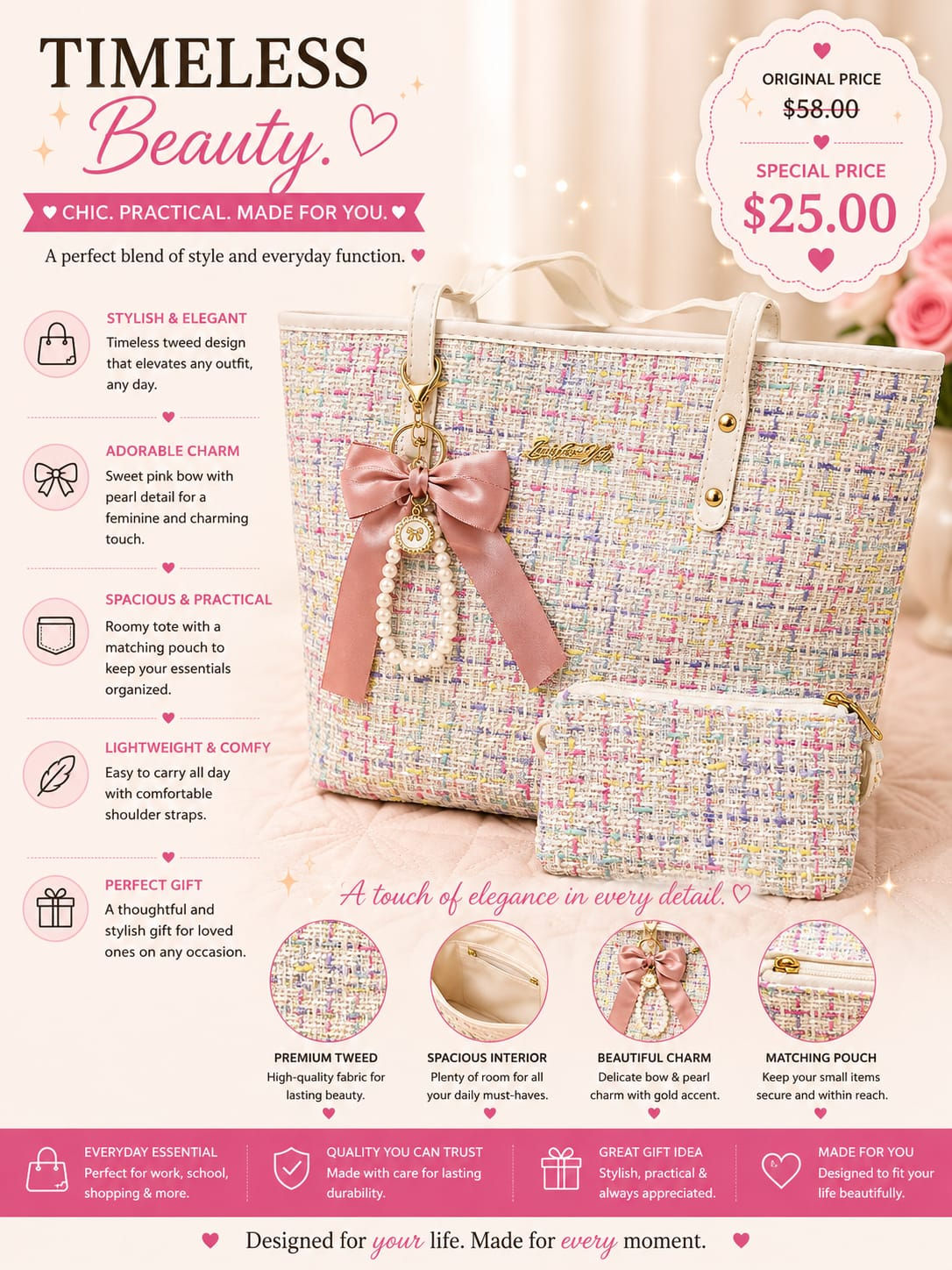 Bolso Tote "Timeless Beauty" de Tweed Premium con Estuche Combinado