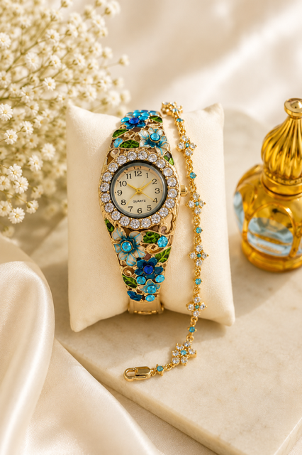 Reloj dorado con detalles multicolor