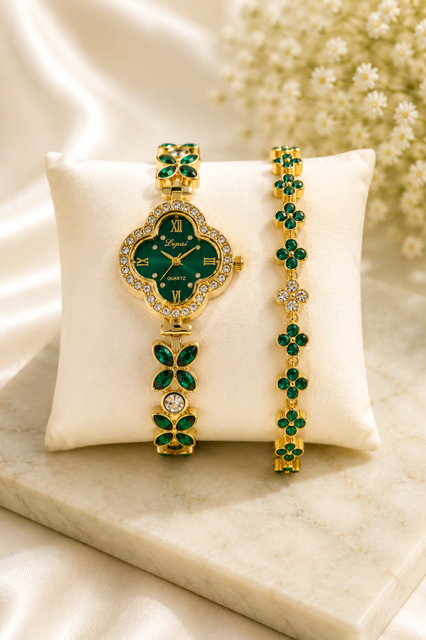 Set de reloj y pulsera tono esmeralda