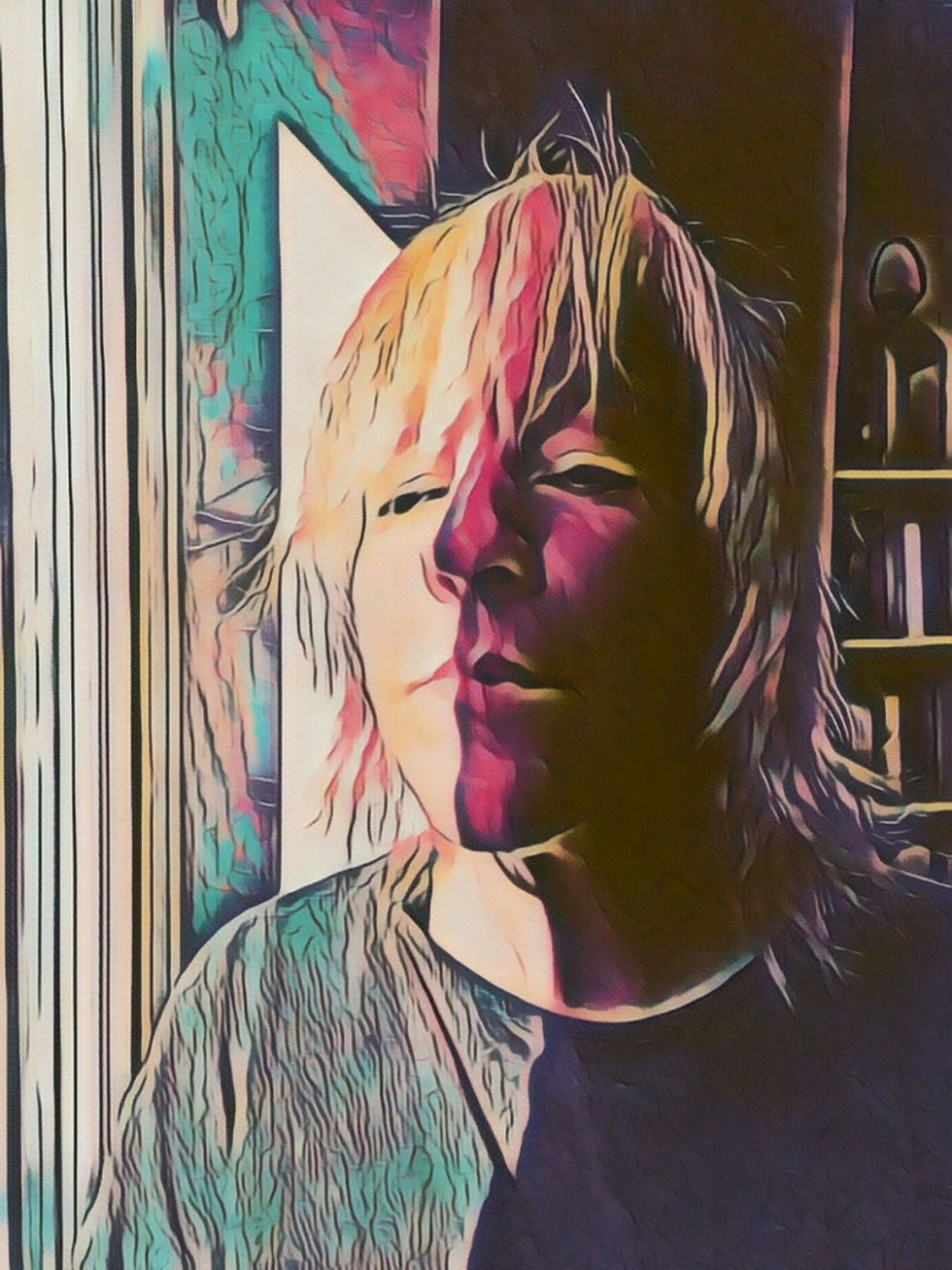 pen illlustration of a pale skinned, blonde haired person, half in shadow, with eyes closed contemplating something probably very illuminating but who knows
