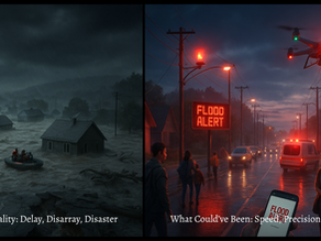 Split-screen flood response: chaos versus coordination. Image by ChatGPT