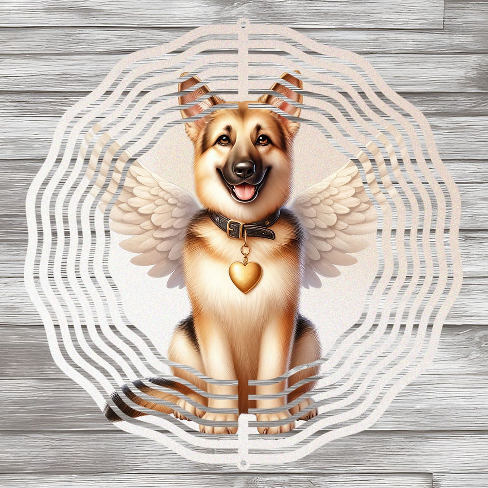 Thumbnail: handmade 8" round wind spinner with german shepherd in wings, black collar, gold heart & light pink background