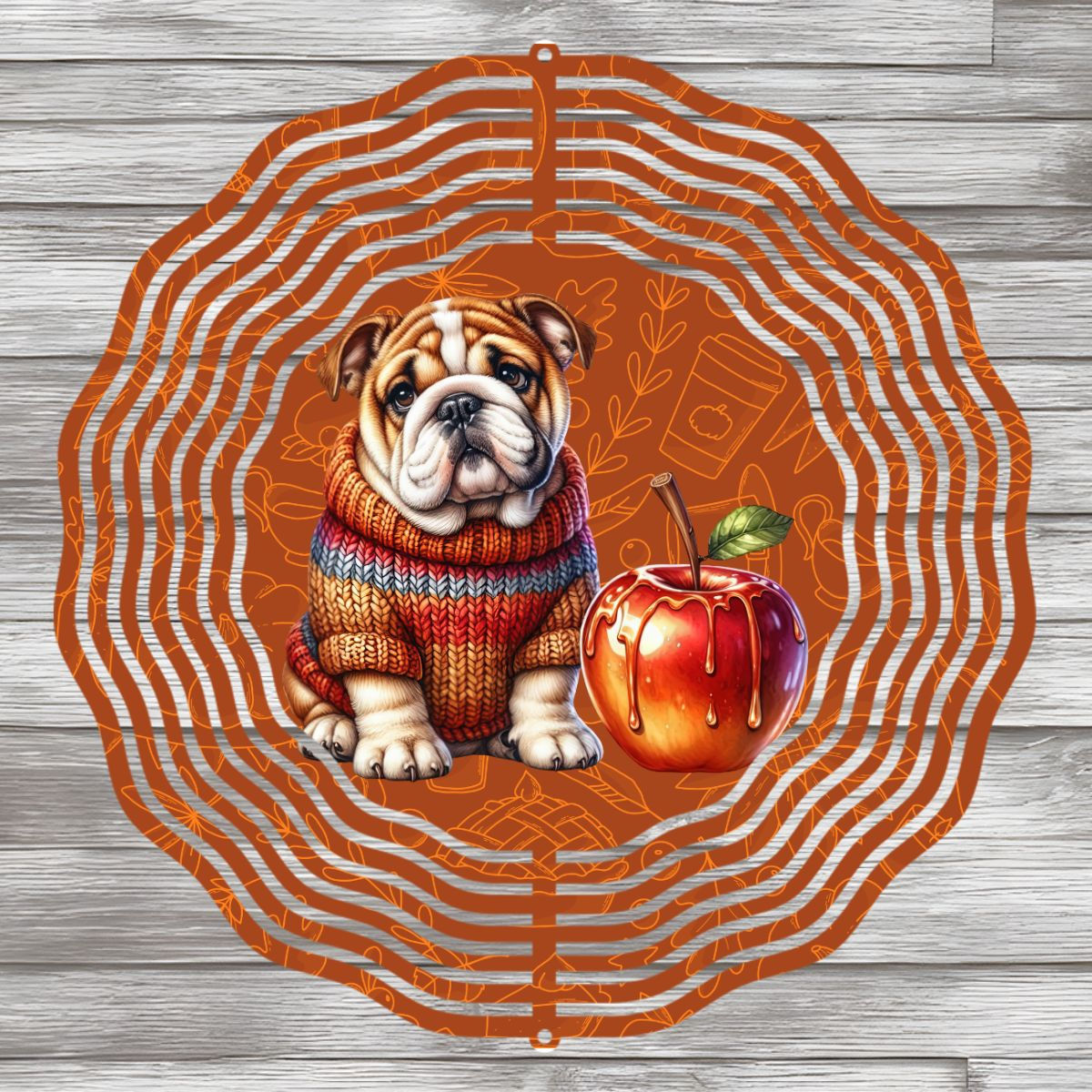 8" Round Wind Spinner with cute bulldog wearing sweater with apple