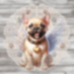 Thumbnail: handmade 8" round wind spinner with french bulldog in angel wings & collar with heart background has grey & brown paw prints