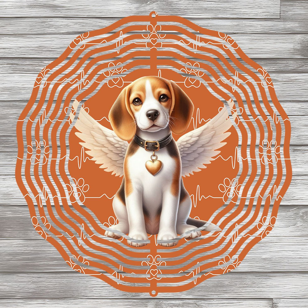 Thumbnail: handmade 8" round wind spinner with beagle in angel wings wearing a collar with heart hanging down & orange background 