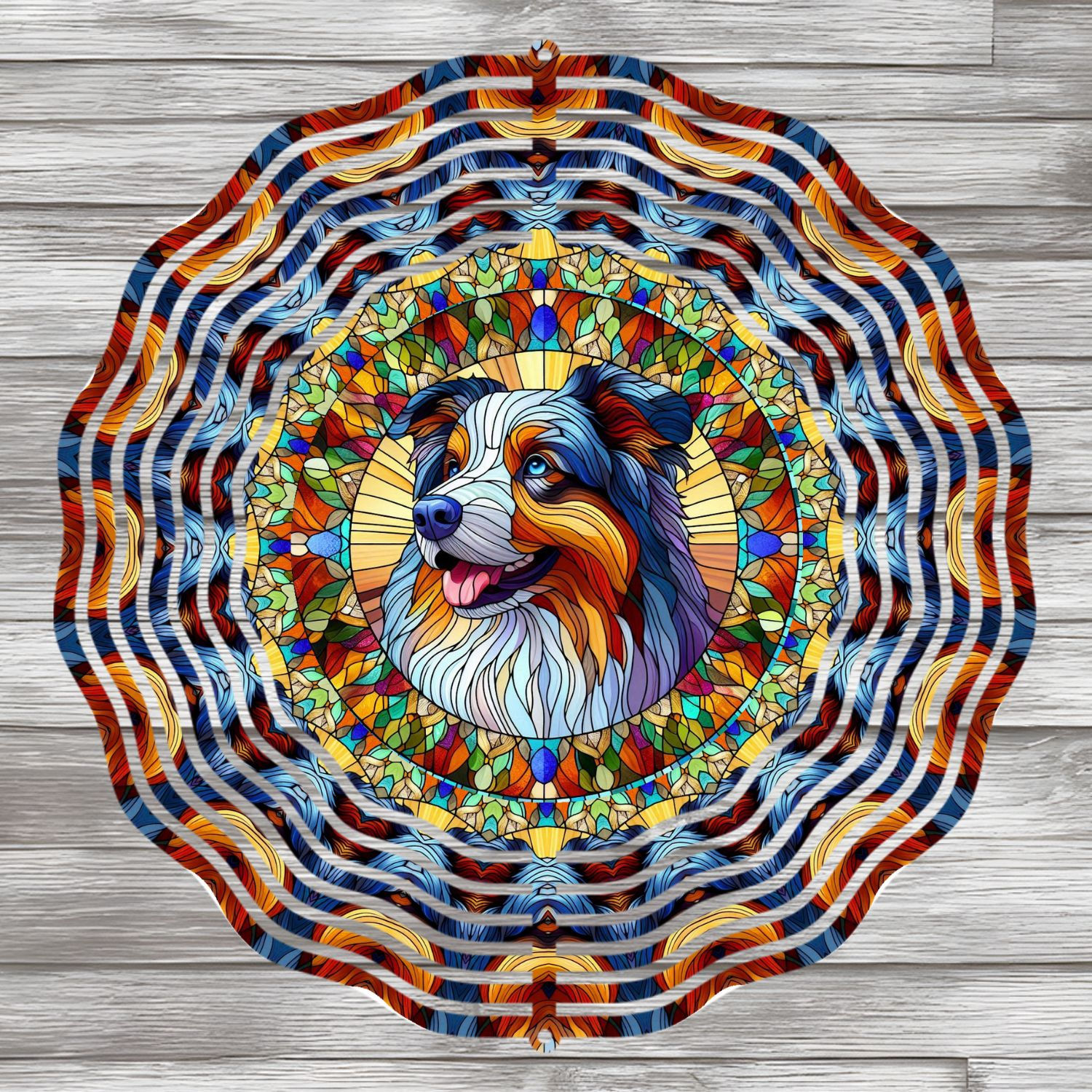 8" round vibrant mandala style wind spinner with aussie in the middle