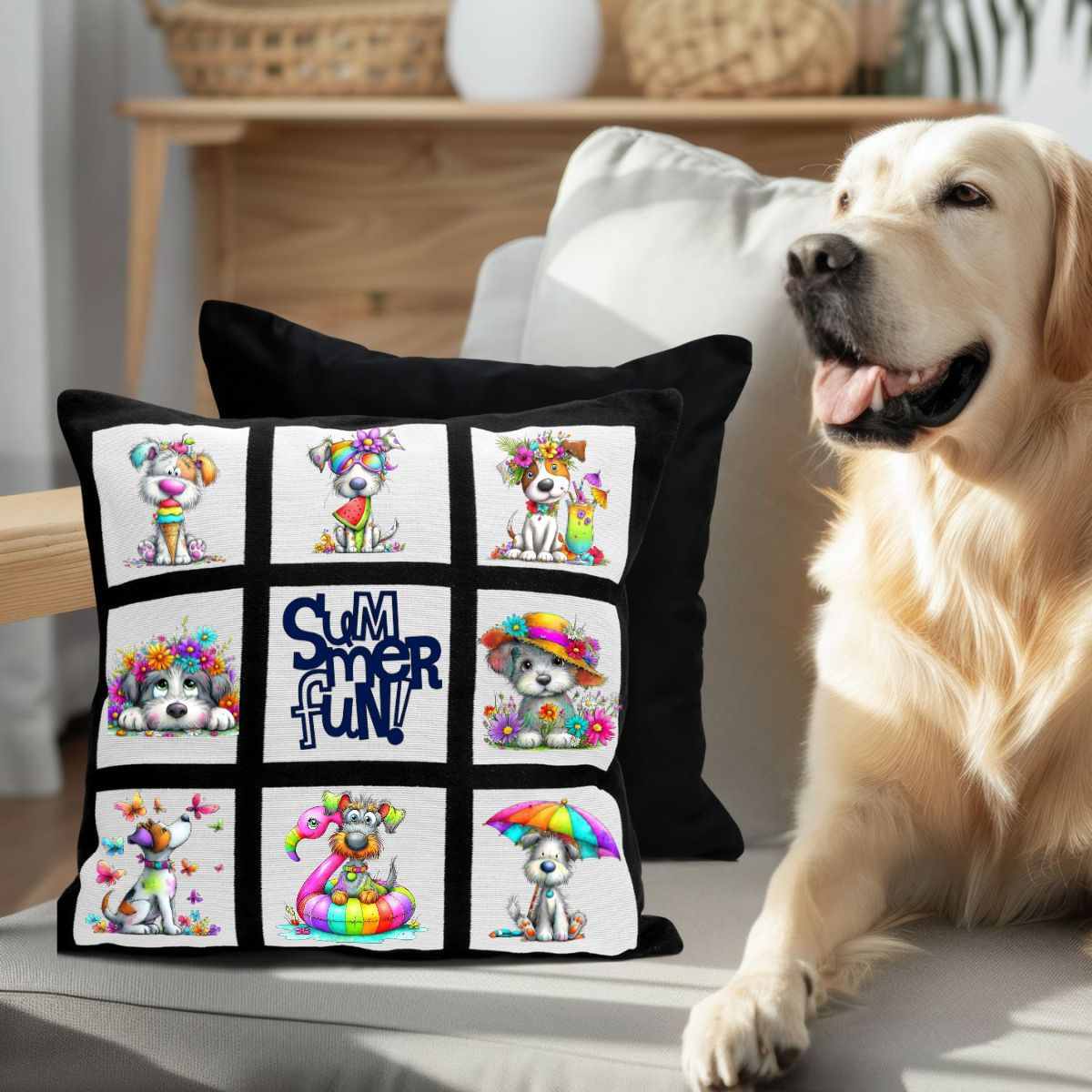 9 panel square velvet pillow cover with whimsical dogs doing summer things and "Summer Fun" in the middle square