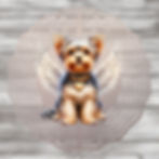 Thumbnail: handmade 8" round wind spinner with yorkie in wings, black collar, gold heart & light grey background