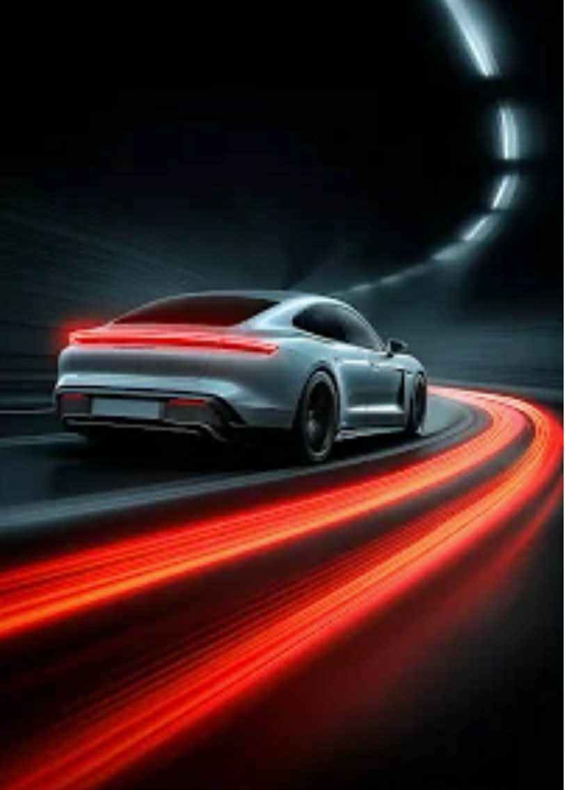 Sports car speeding in tunnel, reflecting performance from ecu tuning