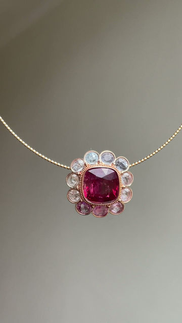 Thumbnail: 4.37Ct  No Heat Burma Red Spinel Pendant with pastel sapphires in 18k gold