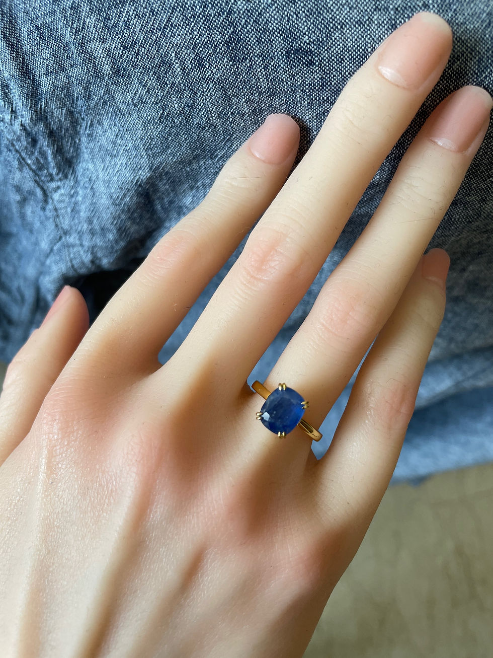 Thumbnail: Unheated blue sapphire ring on model