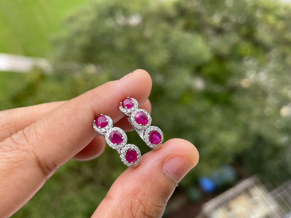 Thumbnail: Triple halo untreated mogok ruby huggie earring