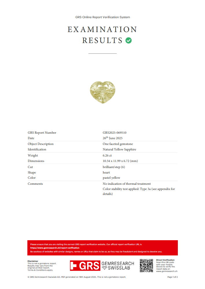 6.26Ct Unheated Yellow Sapphire certificate