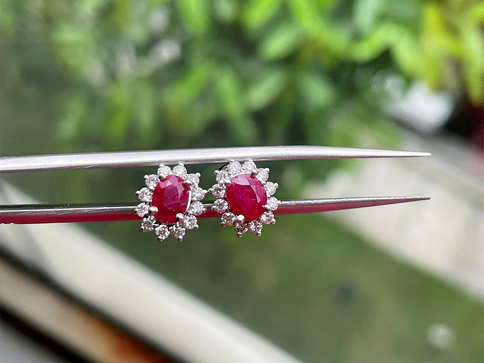 Thumbnail: Burmese Unheated Ruby and Natural diamond Halo Earring in 18k solid gold