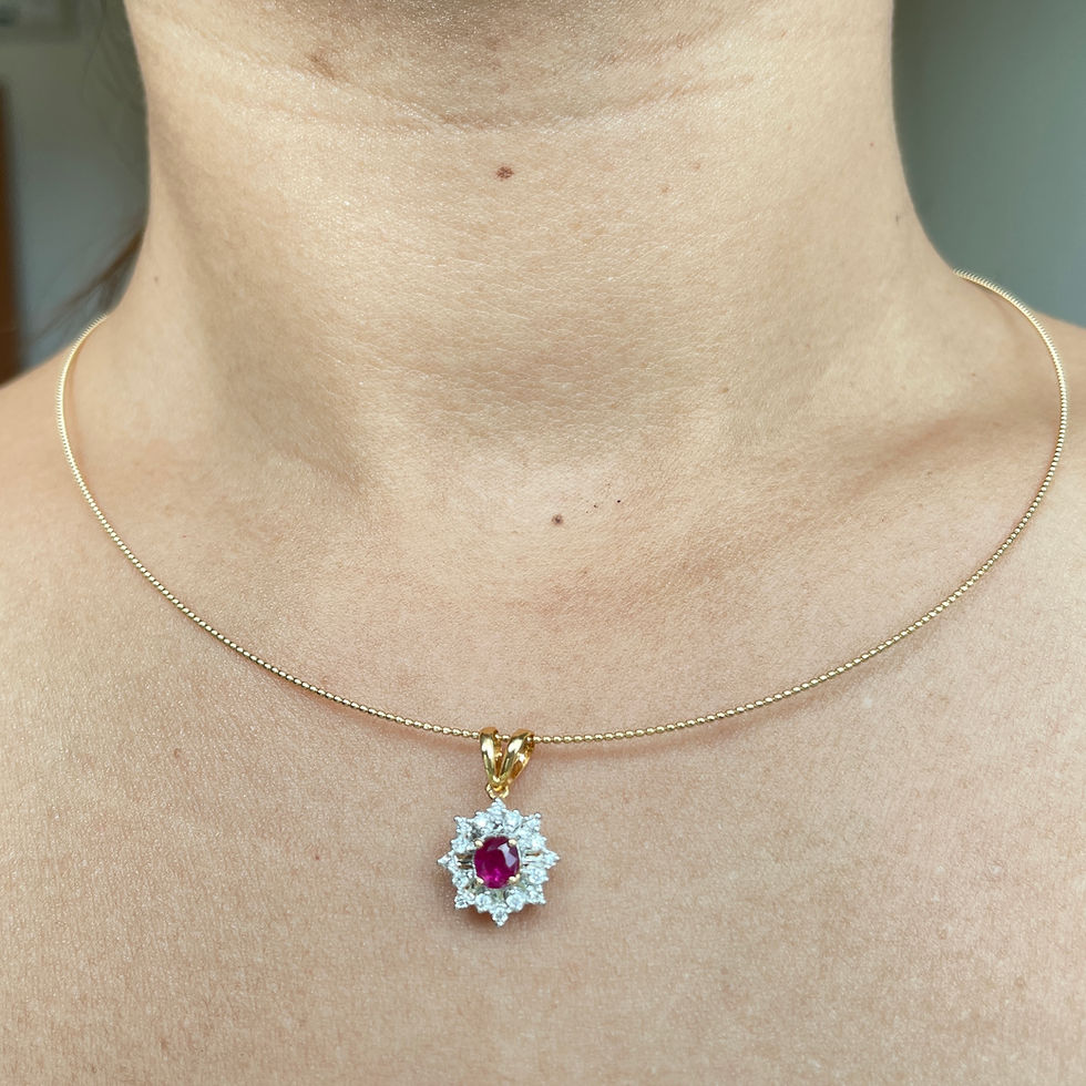 Thumbnail: Minimalist Tiny Burmese Unheated Ruby Pendant with Natural Diamonds in 18k gold