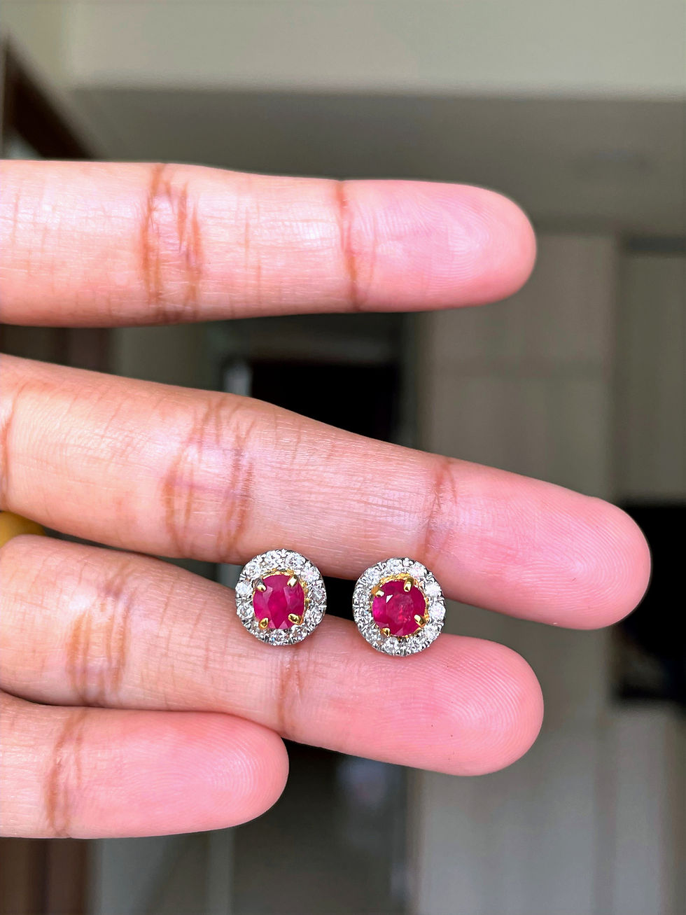 Thumbnail: 1.7Ct Burmese Unheated Ruby and diamond double halo earring in 18k solid gold